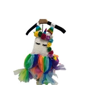 LED Tutu Dreams Unicorn dress Crochet bodice colorful flowers and rainbow tulle